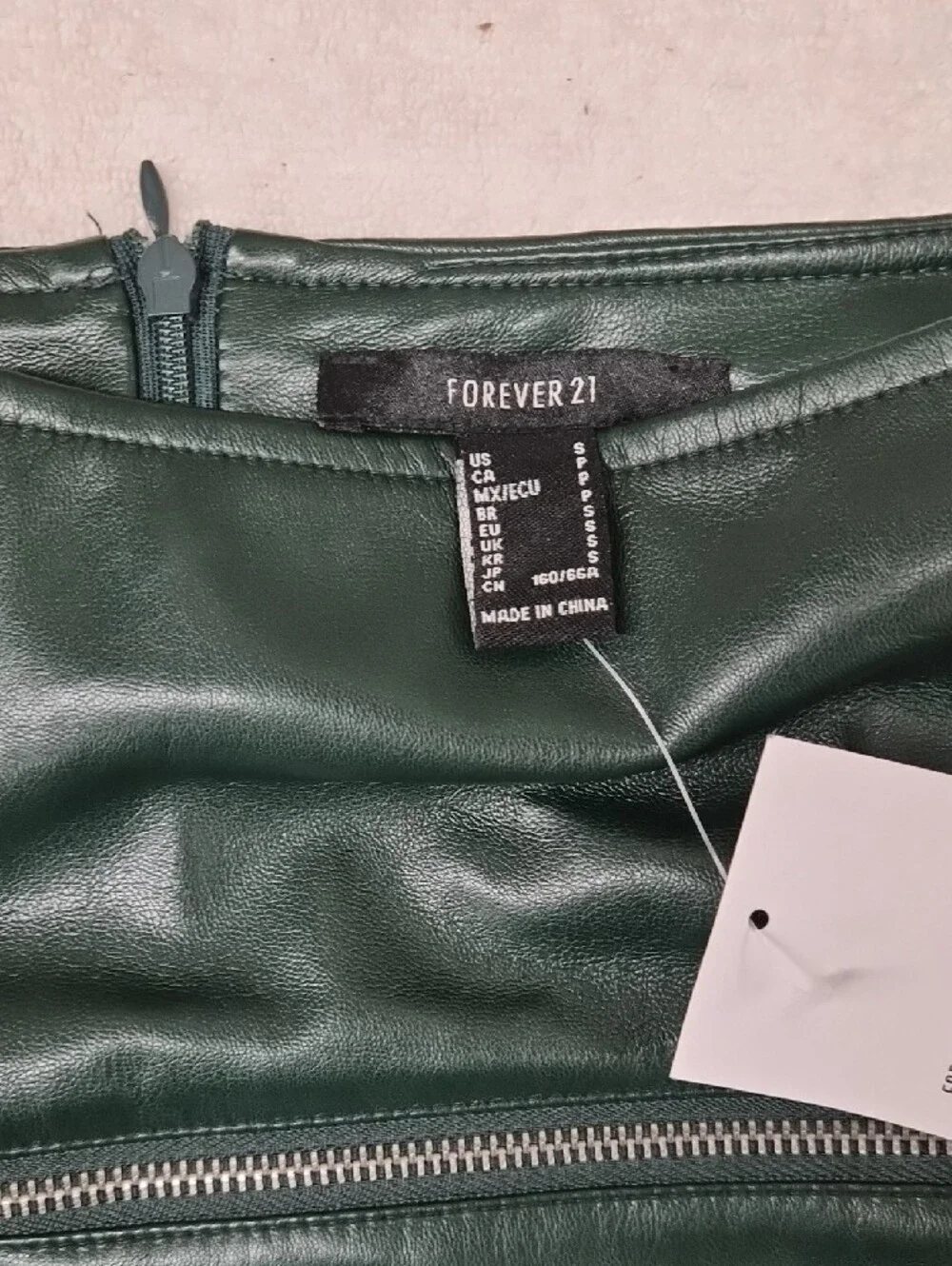 Forever 21 Forest Green Faux Leather Mini Skirt with Silver Zip Size S